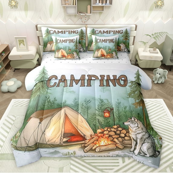 Feelyou Adventure Camping Child Twin Bedding Sets 7-Piece, Cartoon Wildlife Wolf Bedding Comforter Set, Rustic Farmhouse Sheet Sets, Lightweight Room Decor