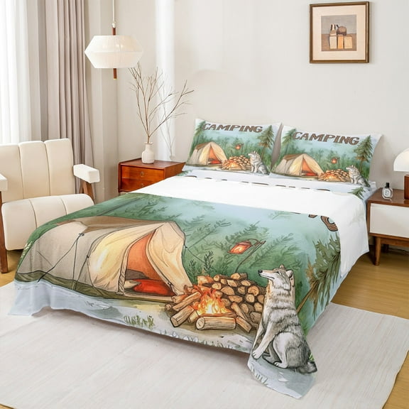 Feelyou Adventure Camping Child Twin Sheet Sets, Cartoon Wildlife Wolf Twin Fitted Sheet, Rustic Farmhouse Flat Sheet, Lightweight Room Decor, 3-Piece