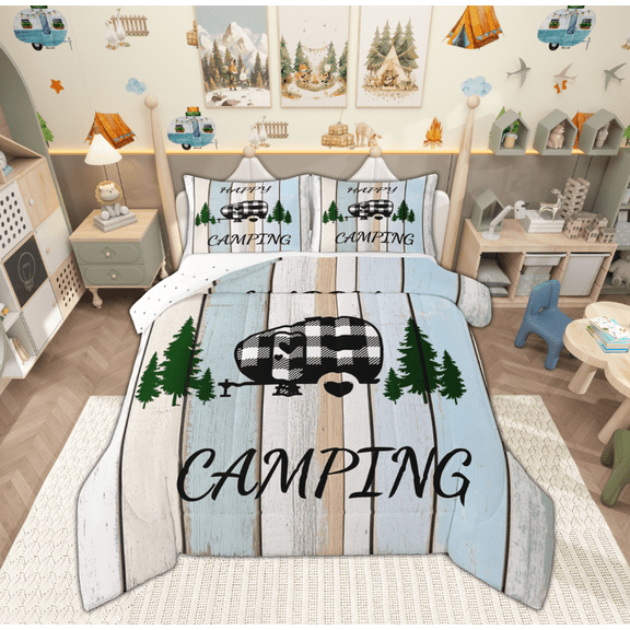 Feelyou Adventure Camping Kids Bedding Comforter Set, Rustic Wooden Plank Twin Comforter Sets, Countryside Style Reversible Bedding Set, Lightweight Room Decor, 2-Piece