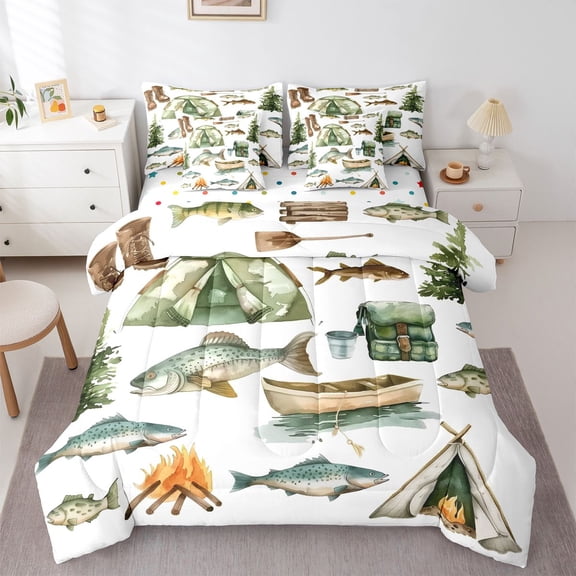 Feelyou Adventure Fishing Bedding Comforter Set 7pcs, Rustic Hunting Queen Bedding Sets