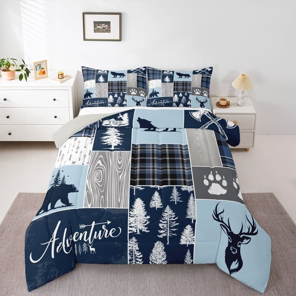 Feelyou Adventure Queen Comforter Set, Blue Plaid Bedding Comforter Set, 3 Pieces