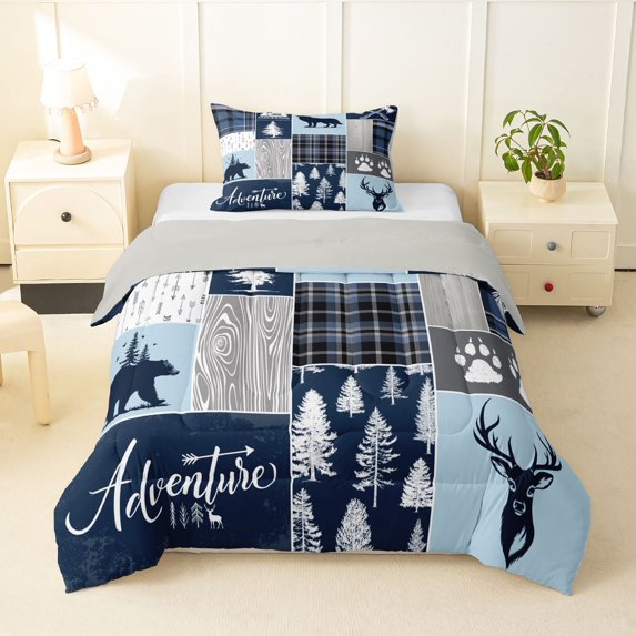 Feelyou Adventure Twin Comforter Sets, Blue Plaid Bedding Set, 2 Pieces