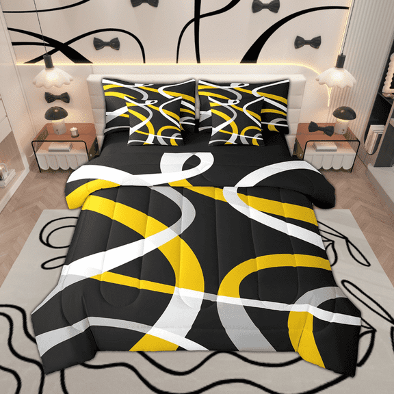 Feelyou Aesthetic Abstract Art Twin Bedding Sets 7pcs, Contemporary Geometric Bedding Comforter Set, Orange Gray White Black Sheet Sets
