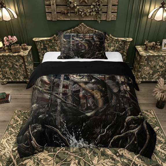 Feelyou American Flag Pike Fish Twin Comforter Sets for Men Women Kids, Forest Wildlife Bedding Set, Black Brown, Black Reversible, 2-Piece