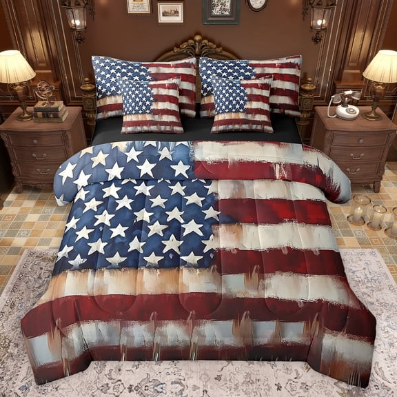 Feelyou American Flag Print Bedding Comforter Set 7pcs for Men, Cartoon Stars Lines King Bedding Sets, Oil Printing Art Reversible Bed Sheets, Luxury Bedroom Decor