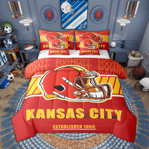 Feelyou American Football City Bedding Comforter Set 7-Piece, Kansas Print Full Bedding Set, Red Orange Fitted Sheet Flat Sheet, Sport Theme Room Decor