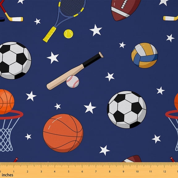 Feelyou Cartoon Football Kids Fabric by the Yard 1 Yard, Soccer Lover Room Decor Fabric by the Yard, Basketball Sports Player Fabric for Sewing, Breathable Home Decor