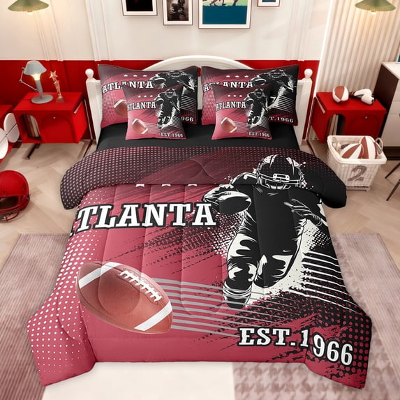 Feelyou American Football Twin Bedding Sets 7pcs for Boys, Rugby Sport Bedding Comforter Set, Light Red Black Sheet Sets, Atlanta Print Bedroom Decor