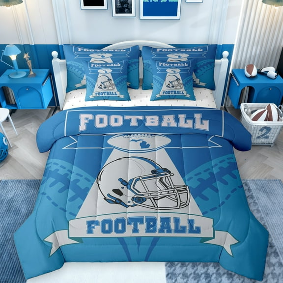 Feelyou American Sports Lover Twin Bedding Sets 7-Piece, Est Sleep Football Bedding Comforter Set, Blue Grey Abstract Line Reversible Sheet Sets, Super Cozy Room Decor