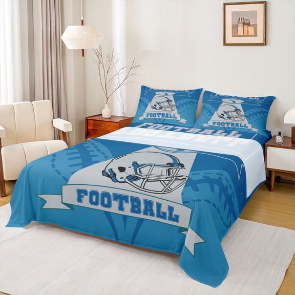 Feelyou American Sports Lover Twin Sheet Sets, Est Sleep Football Twin Fitted Sheet, Blue Grey Abstract Line Flat Sheet, Super Cozy Room Decor, 3 Pieces