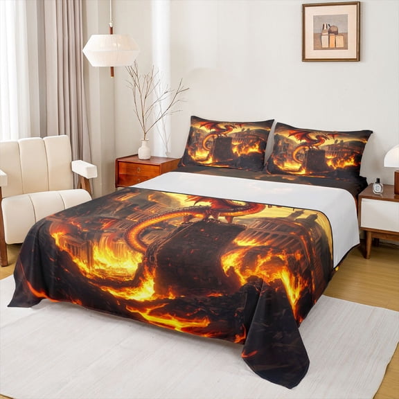 Feelyou Ancient Castle Dragon Bed Sheets for Kids Boys Girls, Retro Ruin Animal King Sheets, Golden, 4pcs
