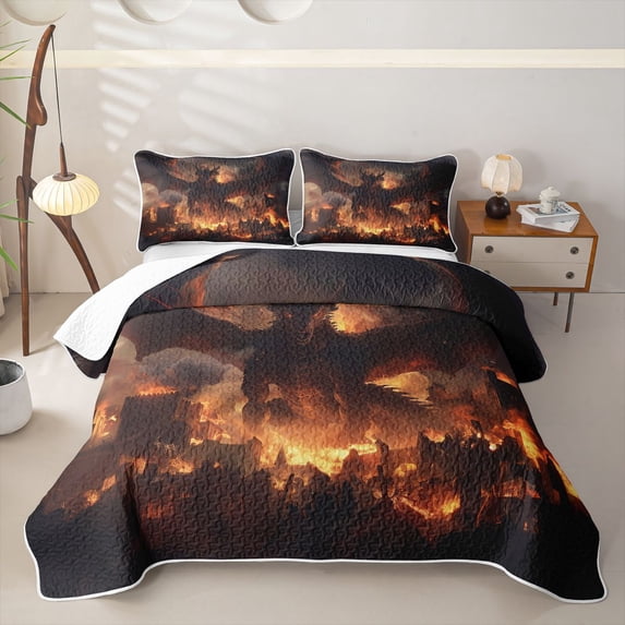 Feelyou Ancient Flame Dragon Bed Spread Queen for Boys Girls, Cartoon Magical Animal Queen Coverlet Set, Black Orange, 3-Piece