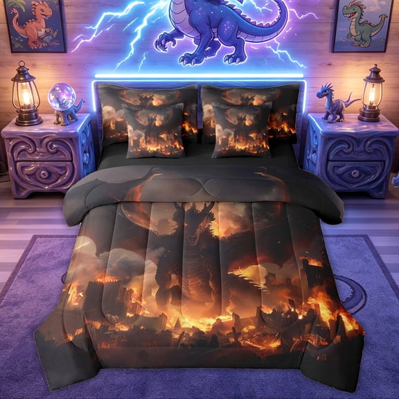 Feelyou Ancient Flame Dragon Twin Bedding Sets for Kids Boys Girls, Cartoon Magical Animal Bedding Comforter Set, Black Orange, Black Reversible, 7-Piece