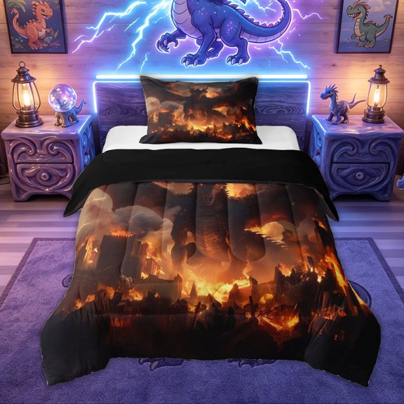 Feelyou Ancient Flame Dragon Twin Comforter Sets for Kids Boys Girls, Cartoon Magical Animal Bedding Set, Black Orange, Black Reversible, 2-Piece