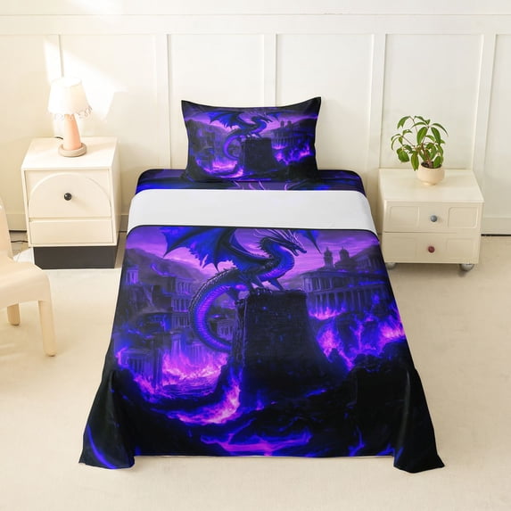 Feelyou Ancient Gothic Dragon Twin Sheet Sets for Men Boys, Western Magical Castle Bedding, Black Violet, 3 Pieces