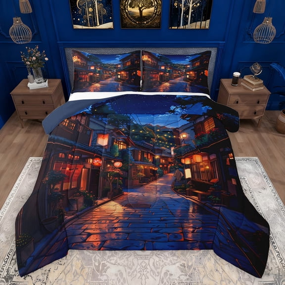 Feelyou Ancient Japanese House Queen Comforter Set, Dreamy Streetscape Bedding Sets, Retro Tokyo Theme Reversible Bedding Comforter Set, Breathable Home Decor, 3pcs