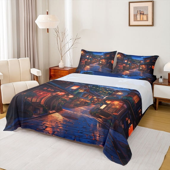 Feelyou Ancient Japanese House Twin Sheet Sets, Dreamy Streetscape Twin Fitted Sheet, Retro Tokyo Theme Flat Sheet, Breathable Home Decor, 3pcs