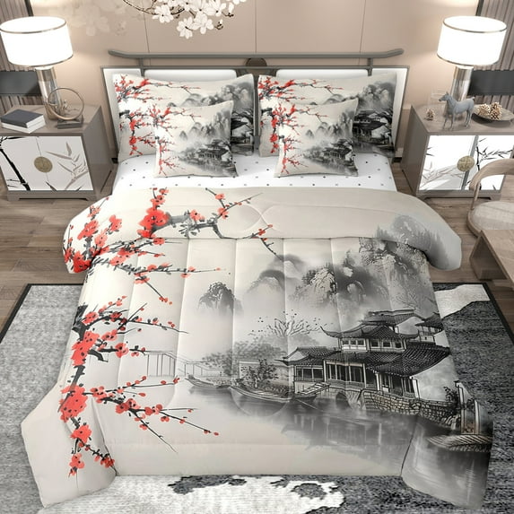 Feelyou Ancient Nature Scenery Bedding Comforter Set 7 Pieces, Cherry Blossoms Flower Full Bedding Set, Japanese Style Fitted Sheet Flat Sheet, Super Cozy Room Decor
