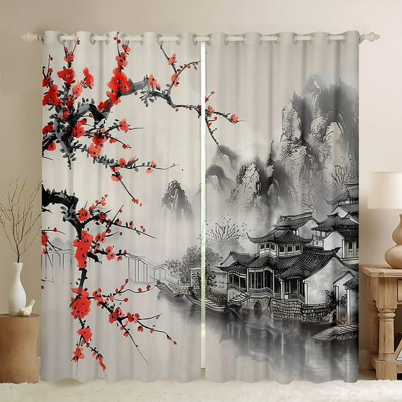 Feelyou Ancient Nature Scenery Blackout Curtains Set of 2 (52x84 Each), Cherry Blossoms Flower Window Curtains, Japanese Style Curtains and Drapes, Blackout Curtains Room Decor