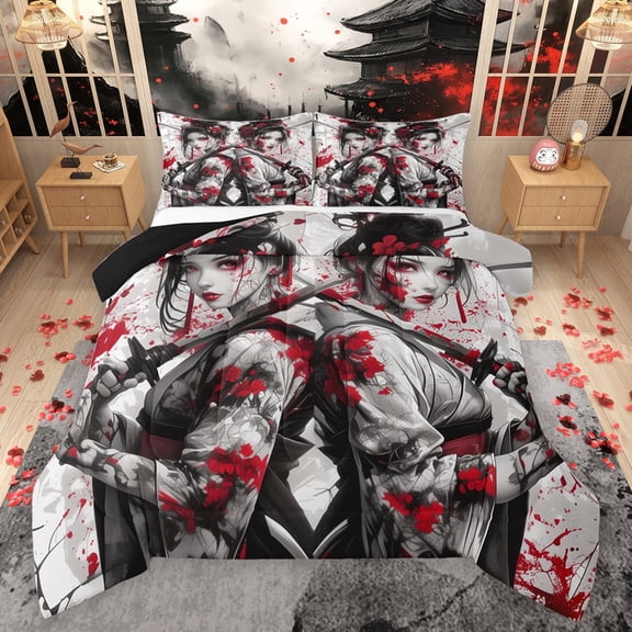 Feelyou Ancient Tokyo Geisha Full Size Comforter Sets, Red Cherry Blossoms Bedding Comforter Set, Japanese Anime Style Reversible Bedding Sets, Lightweight Room Decor, 3pcs