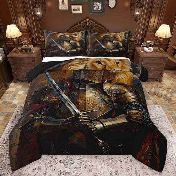 Feelyou Ancient Viking Warrior Full Size Comforter Sets, Magic Cartoon Lion Bedding Comforter Set, Cartoon Animal Reversible Bedding Sets, Lightweight Room Decor, 3-Piece
