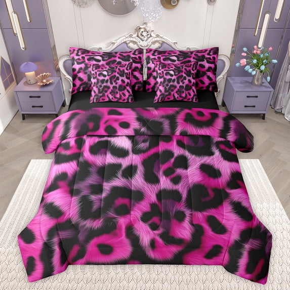Feelyou Animal Cheetah Printed Bedding Comforter Set 7pcs for Girl, Farmhouse Leopard Queen Bedding Sets, Pink Fashion Reversible Queen Sheet Sets, Luxury Bedroom Decor