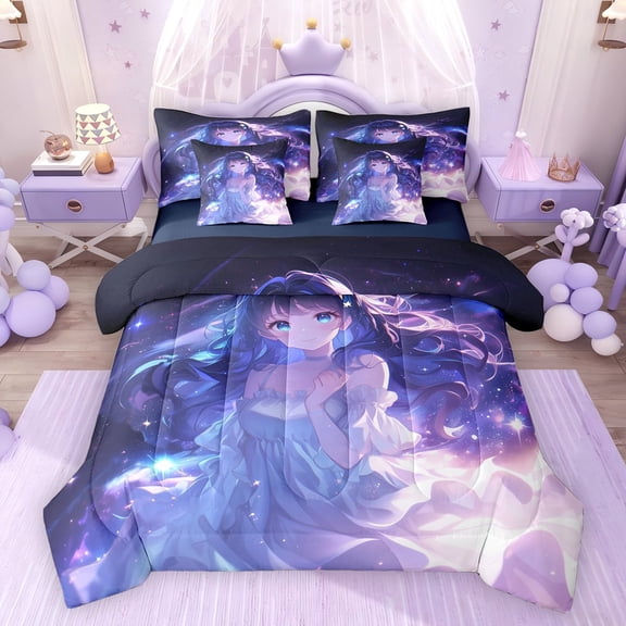 Feelyou Anime Girl Bedding Comforter Set 7pcs, Glitter Stars Galaxy Queen Bedding Sets