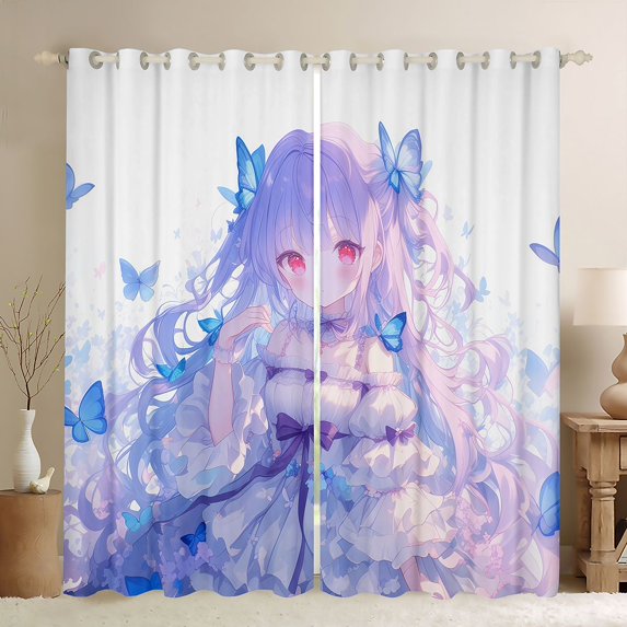 Feelyou Anime Girl Black Out Curtains, Buttefly Blue Curtains Pack of 2 (42x63 Each)