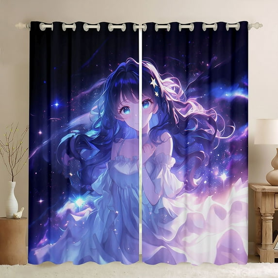 Feelyou Anime Girl Black Out Curtains, Stars Galaxy Curtains Pack of 2 (42x63 Each)