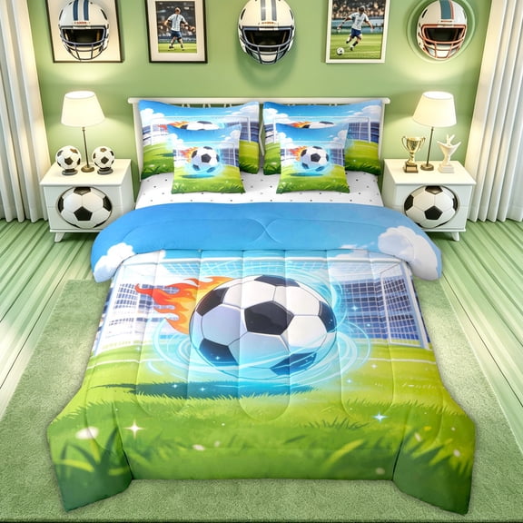 Feelyou Anime Soccer Queen Bedding for Kids, Flaming Ball Bedding Comforter Set Queen, Green Blue, Reversible, 7-Piece
