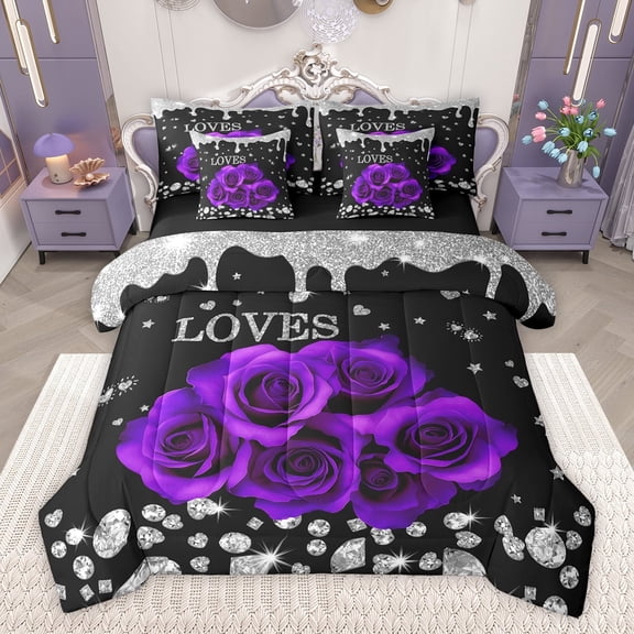 Feelyou Anniversary Purple Rose Bedding Comforter Set 7 Pieces, Romantic Valentine's Day Full Bedding Set, Glitter Fashion Diamond Reversible Fitted Sheet Flat Sheet, Super Cozy Room Decor