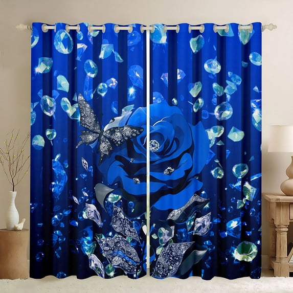 Feelyou Anniversary Rose Black Out Curtains, Fashion Princess Diamond Curtains Pack of 2 (42x63 Each), Romantic Flower Blue Bedroom Curtains, Black Out Curtains Decor