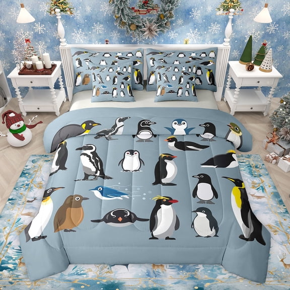 Feelyou Antarctic Penguin Bedding Comforter Set 7pcs, Cute Winter Animal King Bedding Sets