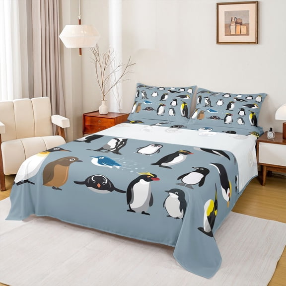 Feelyou Antarctic Penguin Queen Sheet Sets, Cute Winter Animal Bed Set, 4 Pieces