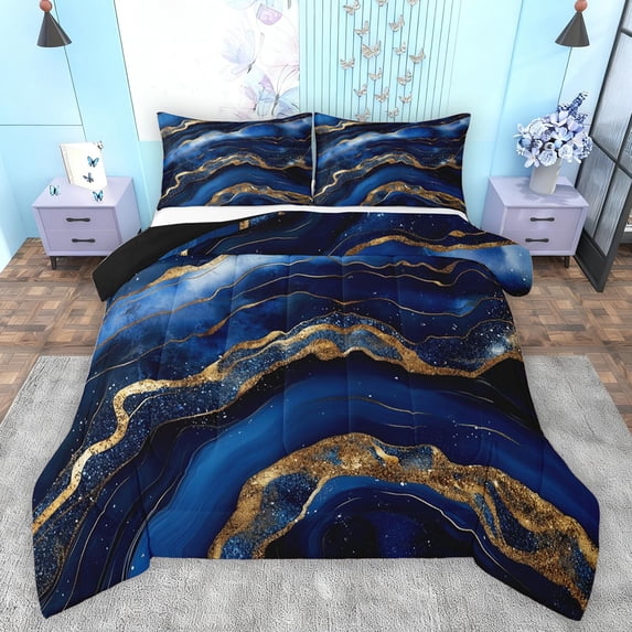 Feelyou Art Abstract Stripe Bedding Comforter Set for Adult, Chic Marble Ombre Twin Comforter Sets, Watercolor Ink Navy Reversible Bedding Set, Super Cozy Room Decor, 2-Piece