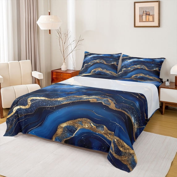 Feelyou Art Abstract Stripe Twin Sheet Sets for Adult, Chic Marble Ombre Twin Fitted Sheet, Watercolor Ink Navy Flat Sheet, Super Cozy Room Decor, 3-Piece