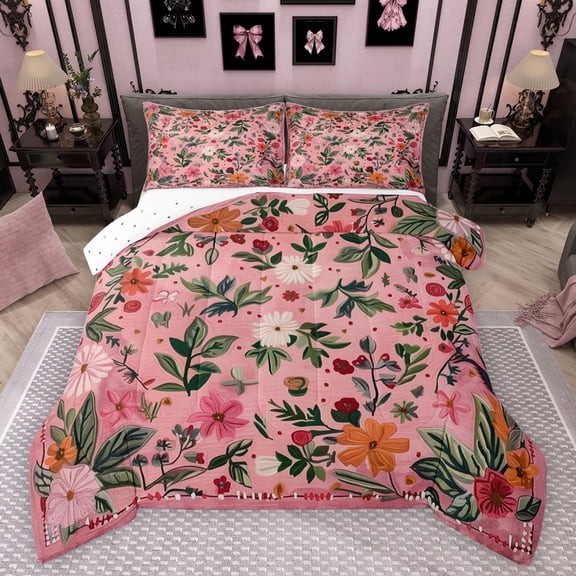 Feelyou Artwork Flower Floral Bedding Comforter Set, Retro Pink Fashion Twin Comforter Sets, Rustic Farmhouse Reversible Bedding Set, Ultra Soft Bedroom Decor, 2 Pieces