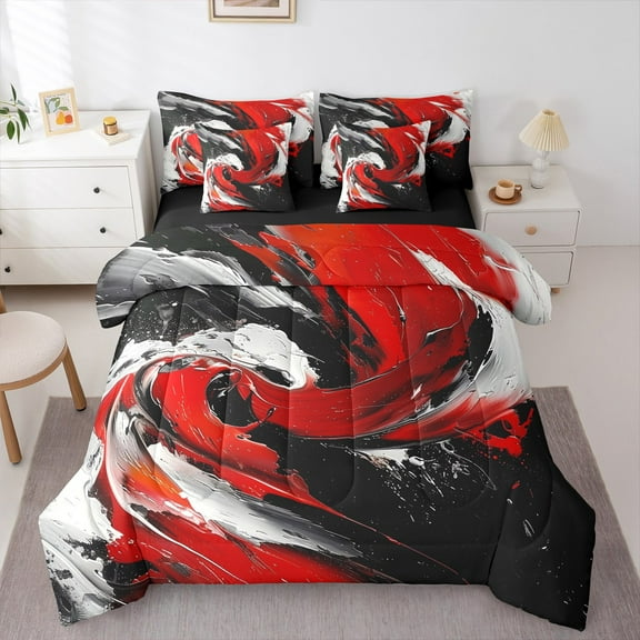 Feelyou Artwork Geometric Bedding Comforter Set 7 Pieces for Adult, Retro Oil Printing Full Bedding Set, Black Red Abstract Reversible Fitted Sheet Flat Sheet, Luxury Bedroom Decor
