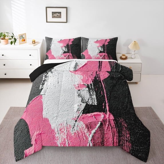 Feelyou Artwork Geometric Bedding Comforter Set for Adult, Retro Oil Printing Twin Comforter Sets, Black Pink Abstract Reversible Bedding Set, Luxury Bedroom Decor, 2pcs