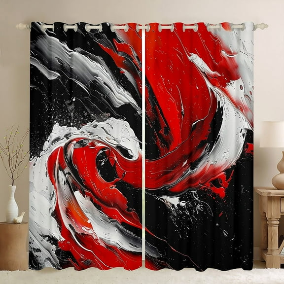 Feelyou Artwork Geometric Blackout Curtains Set of 2 (52x84 Each) for Adult, Retro Oil Printing Window Curtains, Black Red Abstract Curtains and Drapes, Black Out Curtains Decor