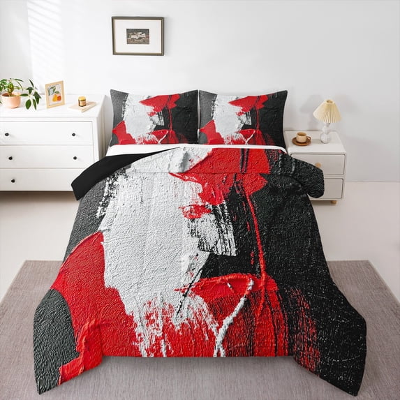 Feelyou Artwork Geometric Full Size Comforter Sets for Adult, Retro Oil Printing Bedding Comforter Set, Black Red Abstract Reversible Bedding Sets, Microfiber Bedroom Decor, 3pcs