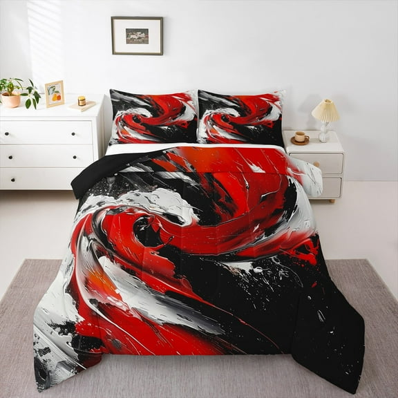 Feelyou Artwork Geometric Queen Comforter Set for Adult, Retro Oil Printing Bedding Sets, Black Red Abstract Reversible Bedding Comforter Set, Luxury Bedroom Decor, 3 Pieces