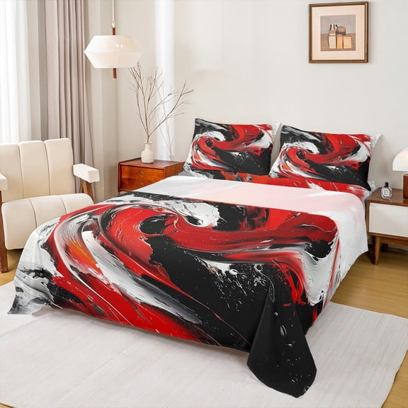 Feelyou Artwork Geometric Queen Sheet Sets for Adult, Retro Oil Printing Flat Sheet, Black Red Abstract Queen Fitted Sheet, Luxury Bedroom Decor, 4 Pieces