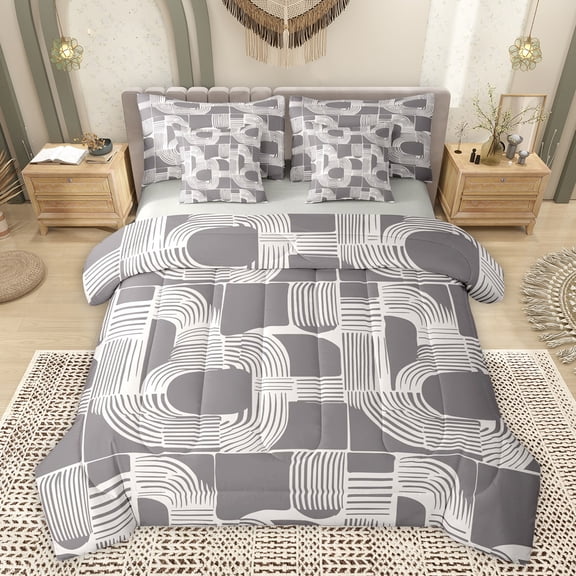 Feelyou Artwork Stripes Grey Bedding Comforter Set 7pcs, Modern Neutral Minimalism King Bedding Sets, Teens Kids Boys Girls Reversible Bed Sheets, Ultra Soft Bedroom Decor