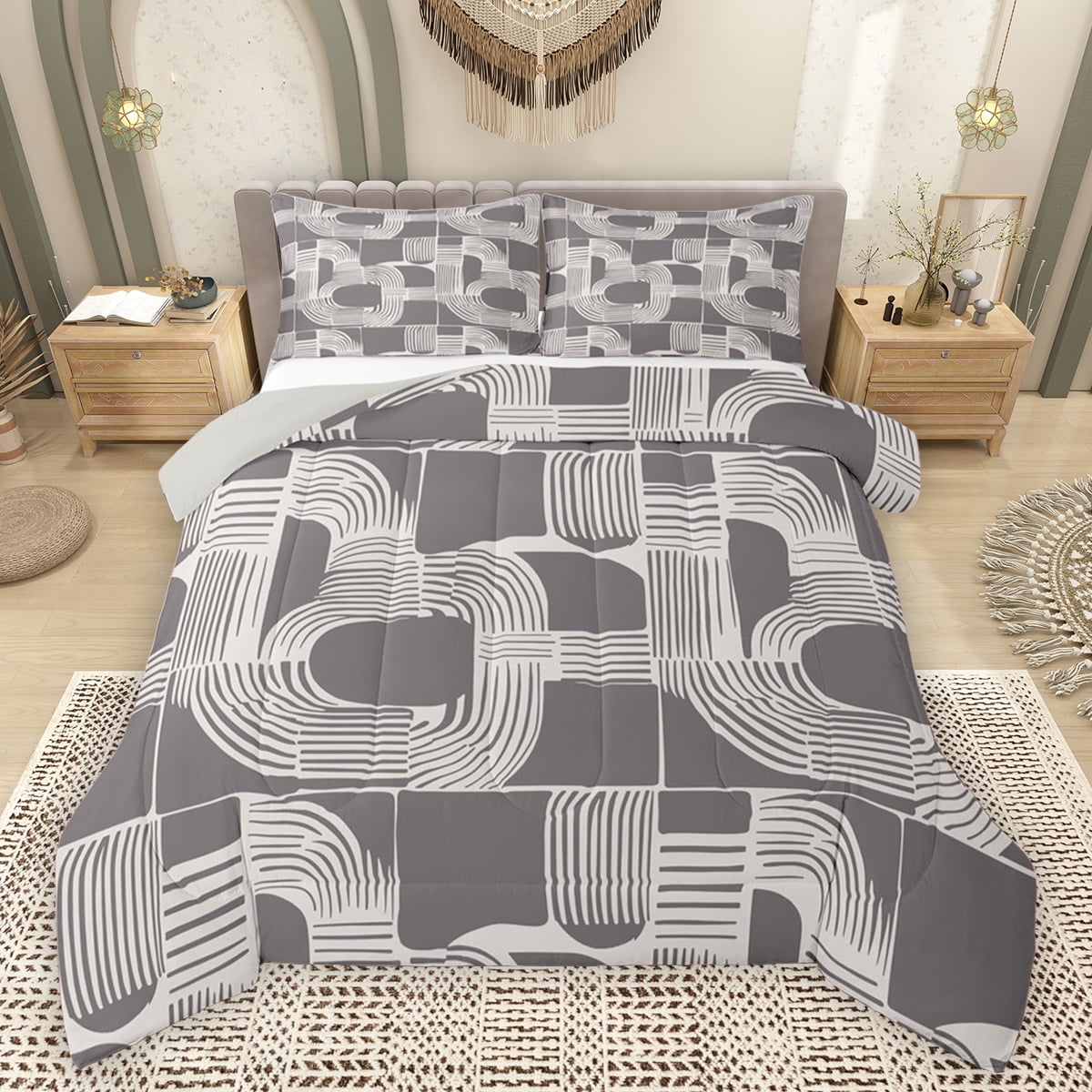Gallery Detail: Feelyou Artwork Stripes Grey Full Size Comforter Sets Modern Neutral