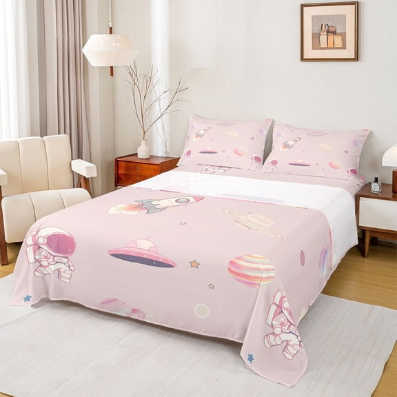 Feelyou Astronaut Teens Queen Sheet Sets, Pink Cartoon Spaceship Bed Set, 4-Piece