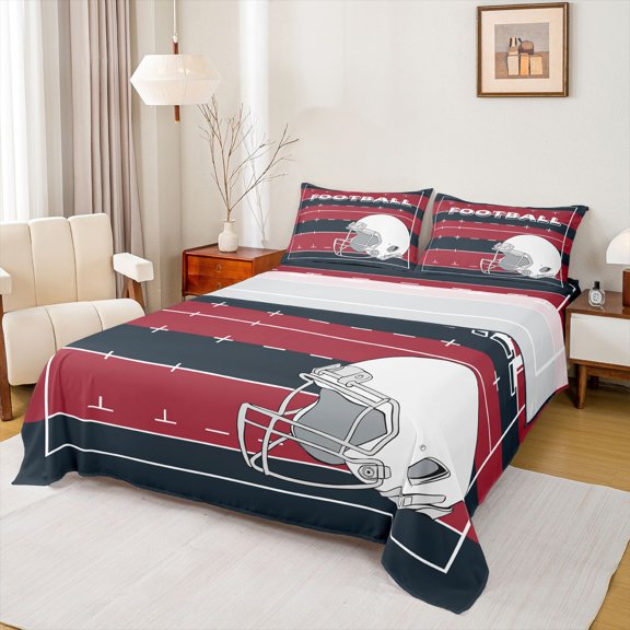 Feelyou Athlete Helmet Kids Twin Sheet Sets, Est Sleep Football Twin Fitted Sheet, Modern Soccer Sports Player Flat Sheet, Crimson Navy Luxury Bedroom Decor, 3-Piece