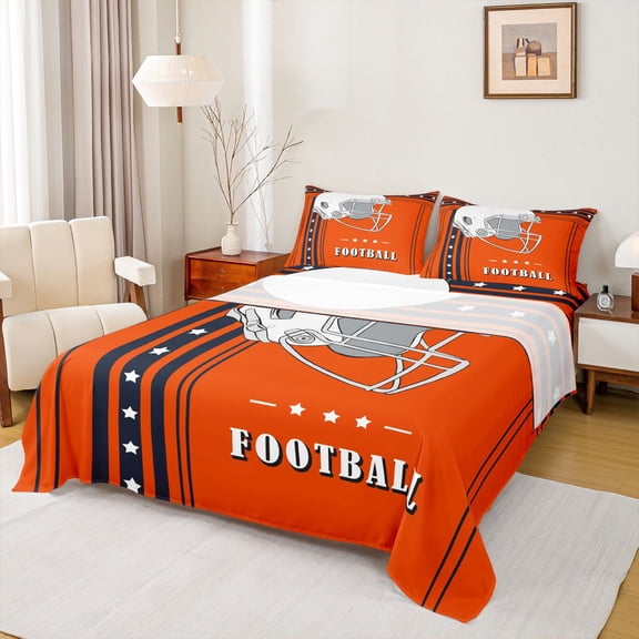 Feelyou Athlete Helmet Kids Twin Sheet Sets, Est Sleep Football Twin Fitted Sheet, Modern Soccer Sports Player Flat Sheet, Orange Black Luxury Bedroom Decor, 3 Pieces