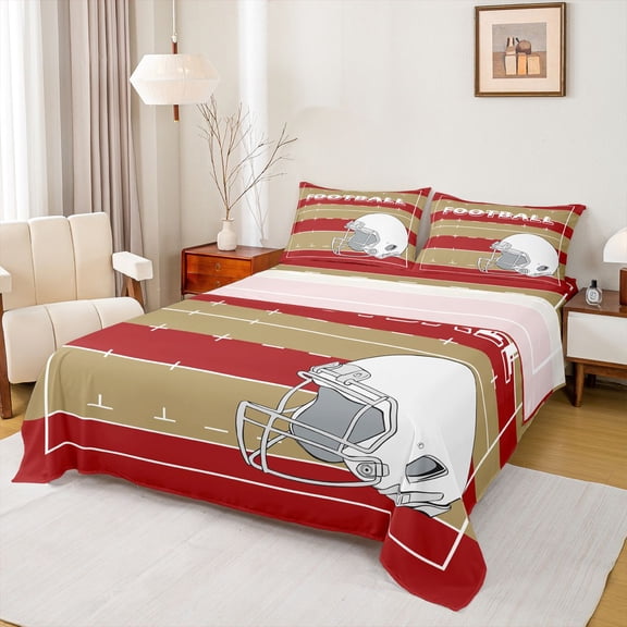 Feelyou Athlete Helmet Kids Twin Sheet Sets, Est Sleep Football Twin Fitted Sheet, Modern Soccer Sports Player Flat Sheet, Red Peru Super Cozy Room Decor, 3pcs
