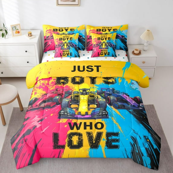 Feelyou Automobile Bedding Comforter Set 7 Pieces, Racing Car Sports Full Bedding Set